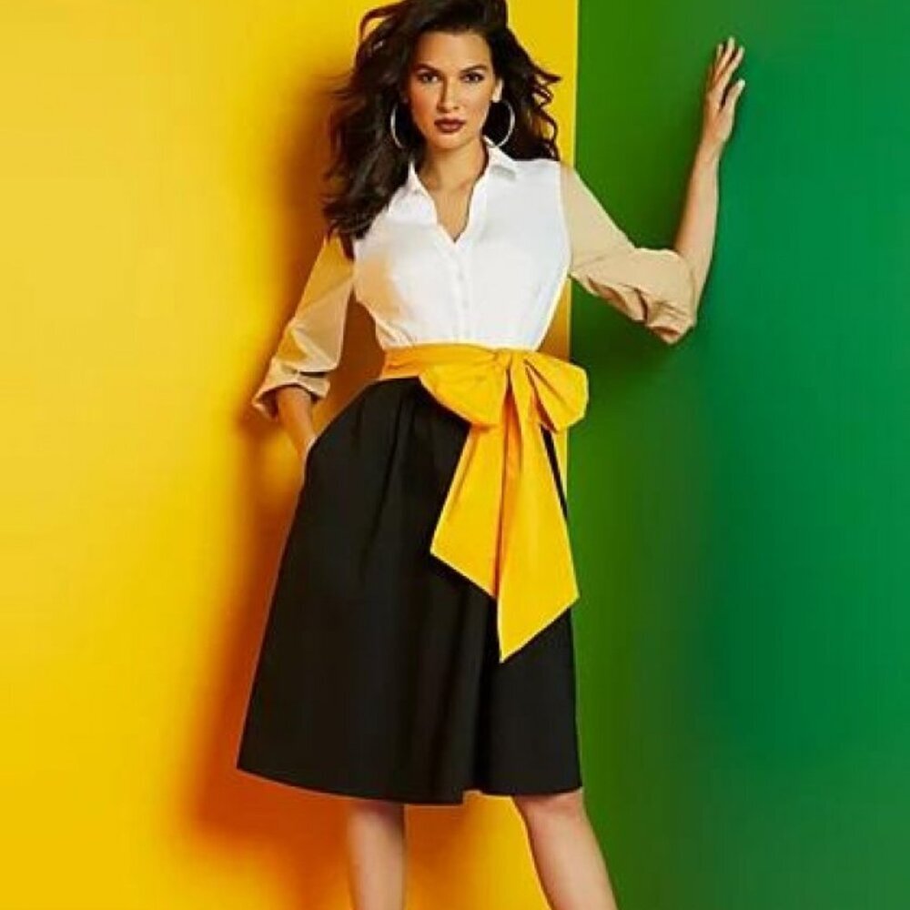 New York & Co Colorblock Midi Shirt Dress Yellow Sash Size Large NWT